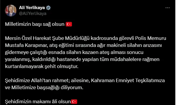 Mersin Özel Harekat Şubesi Polis Memuru Mustafa Karapınar Şehit Oldu: Atış Eğitimi Sırasında Meydana Gelen Kaza